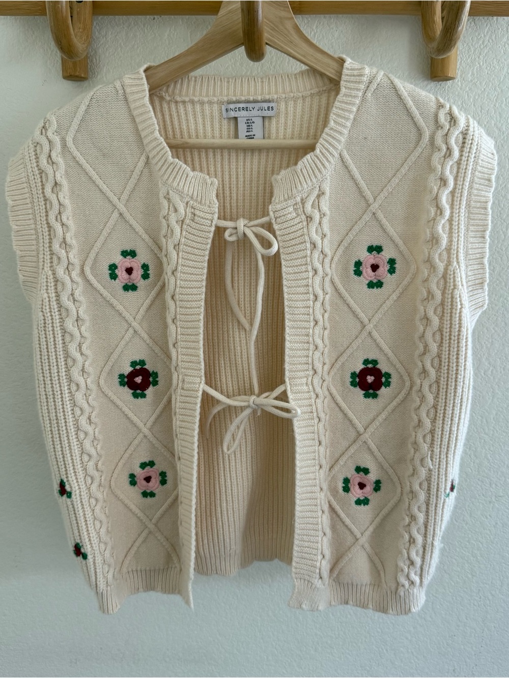 Boho grandmacore Lace Up Sleeveless Knit Sweater Vest Cream floral embroidered